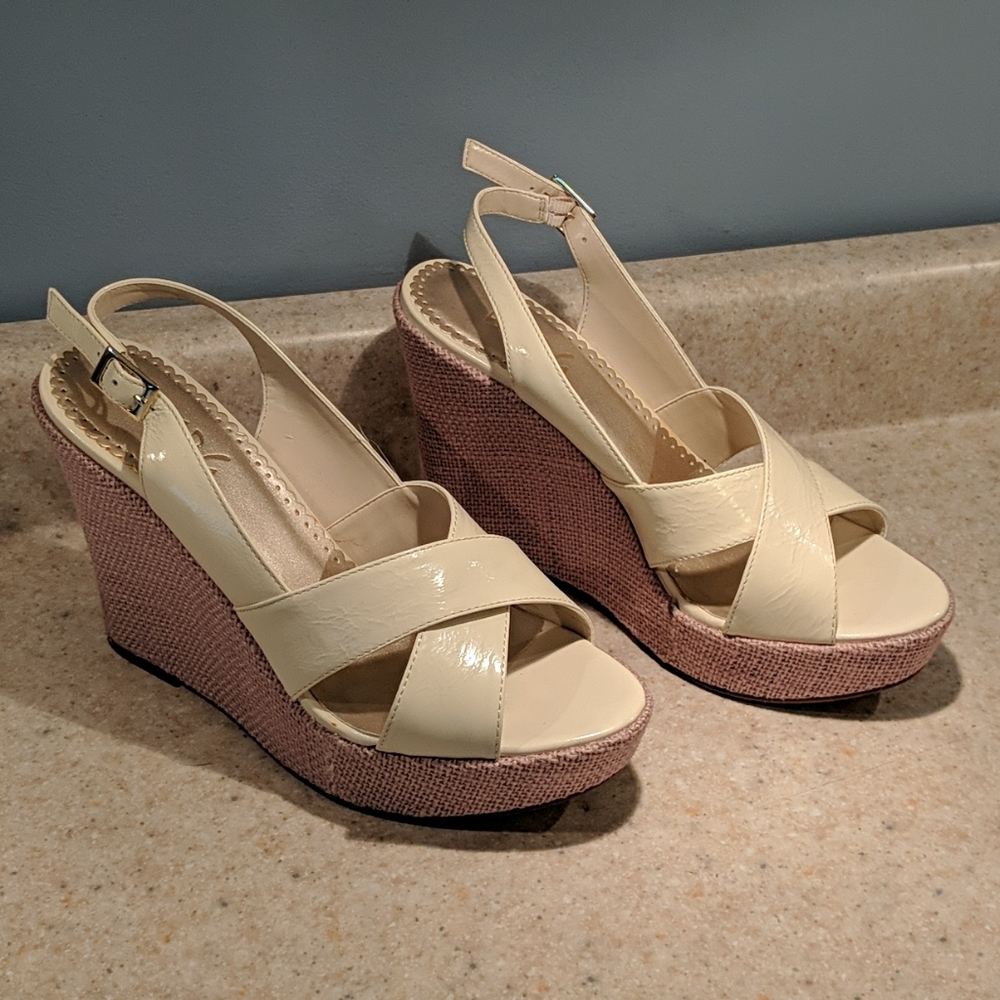 BCBG Paris Cream and Tan Wedge Heels